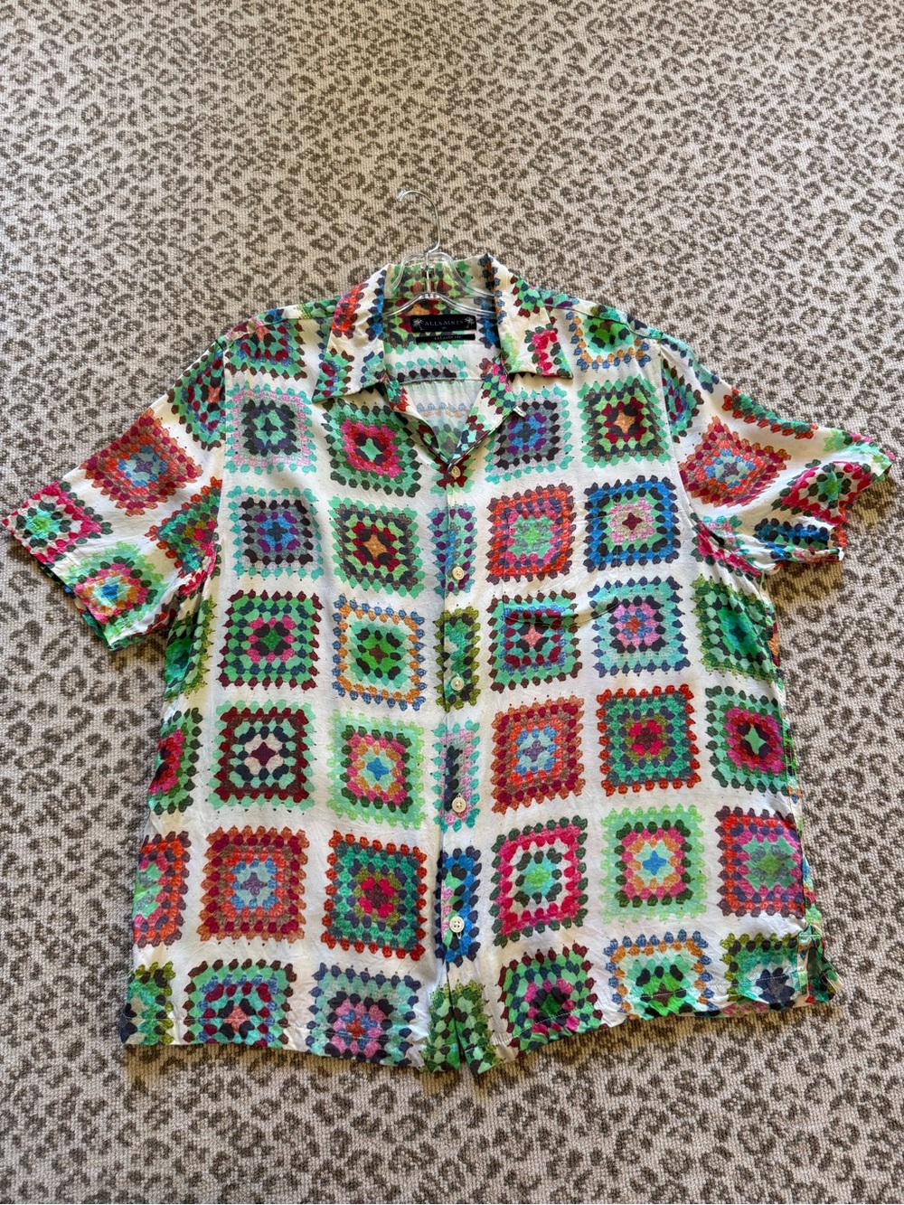 All Saints Multicolor Crochet-Block Print Short Sleeve Button-Down Shirt